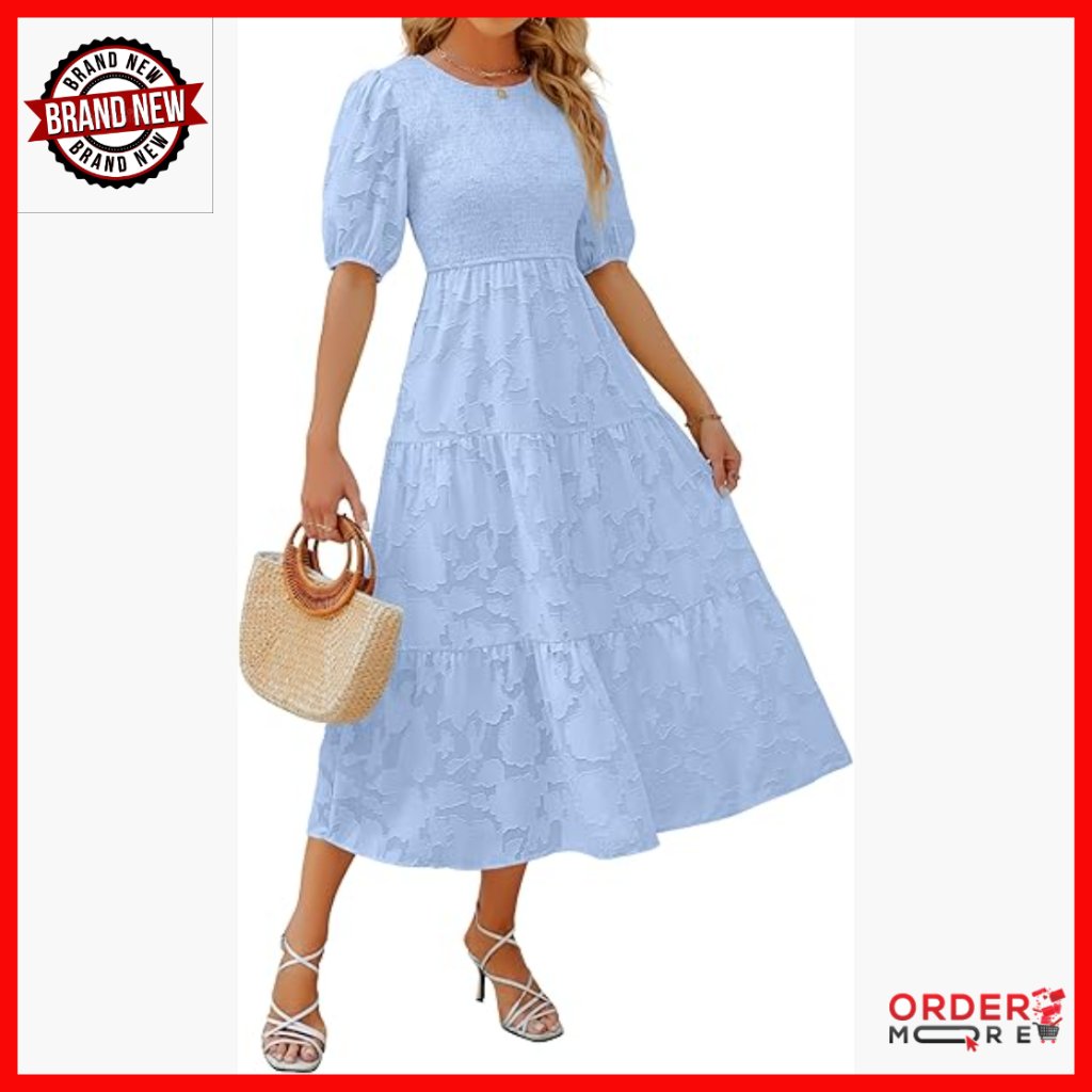 Summer Floral Lace Maxi Dress Puff Sleeve Smocked Bodice Tiered Midi